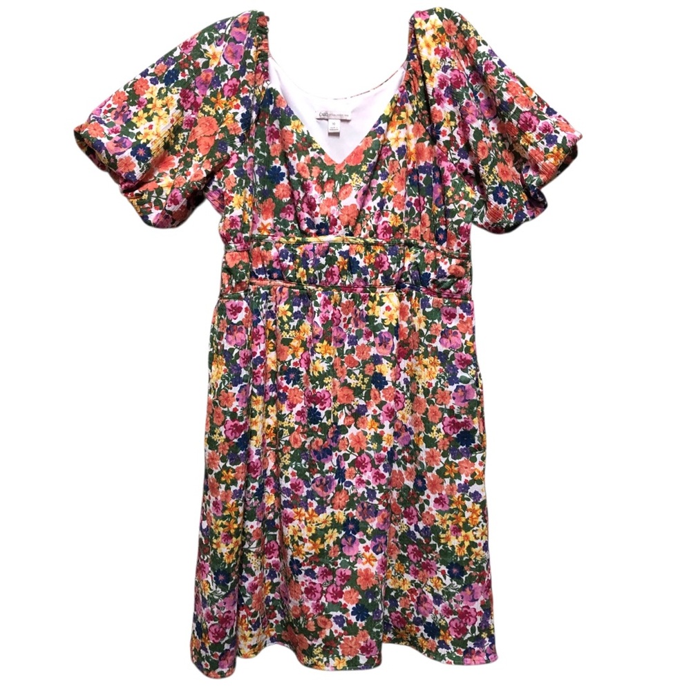 CATO Vibrant Floral Women’s Mini Dress.SZ.XL Two Pockets Ruffle Flutter Sleeves